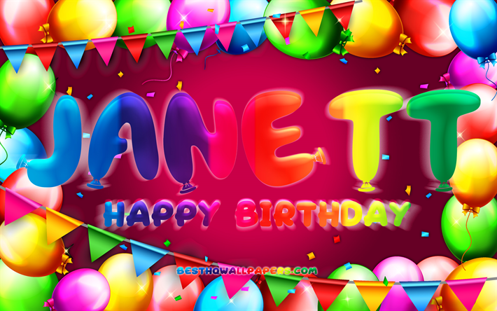 buon compleanno janett, 4k, cornice a palloncino colorato, nome janett, sfondo viola, compleanno di janett, nomi femminili messicani popolari, concetto di compleanno, janett