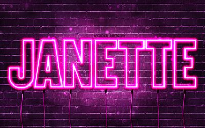 alles gute zum geburtstag janette, 4k, rosa neonlichter, janette name, kreativ, janette alles gute zum geburtstag, janette geburtstag, beliebte franz&#246;sische weibliche namen, bild mit janette namen, janette