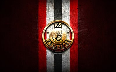 kastrioti fc, logo dorato, kategoria superiore, sfondo in metallo rosso, calcio, squadra di calcio albanese, logo ks kastrioti, ks kastrioti