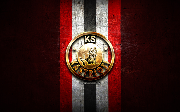Kastrioti FC, golden logo, Kategoria Superiore, red metal background, football, Albanian football club, KS Kastrioti logo, soccer, KS Kastrioti