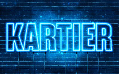 Happy Birthday Kartier, 4k, blue neon lights, Kartier name, creative, Kartier Happy Birthday, Kartier Birthday, popular french male names, picture with Kartier name, Kartier
