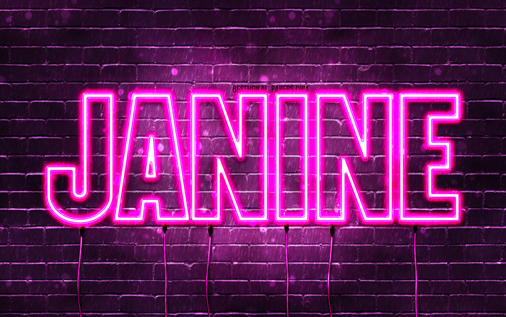 Happy Birthday Janine, 4k, pink neon lights, Janine name, creative, Janine Happy Birthday, Janine Birthday, popular french female names, picture with Janine name, Janine
