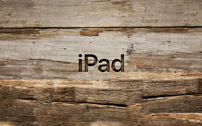 ipad logotipo de madeira, 4k, fundos de madeira, marcas, ipad logotipo, criativo, escultura em madeira, ipad