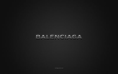 Balenciaga logo, silver shiny logo, Balenciaga metal emblem, gray carbon fiber texture, Balenciaga, brands, creative art, Balenciaga emblem