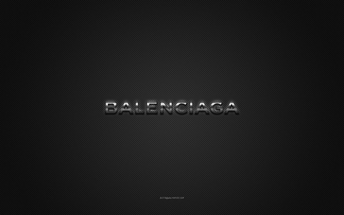 Balenciaga logo, silver shiny logo, Balenciaga metal emblem, gray carbon fiber texture, Balenciaga, brands, creative art, Balenciaga emblem