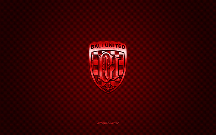 bali united fc, indonesian jalkapalloseura, punainen logo, punainen hiilikuitu tausta, liga 1, jalkapallo, bali, indonesia, bali united fc logo