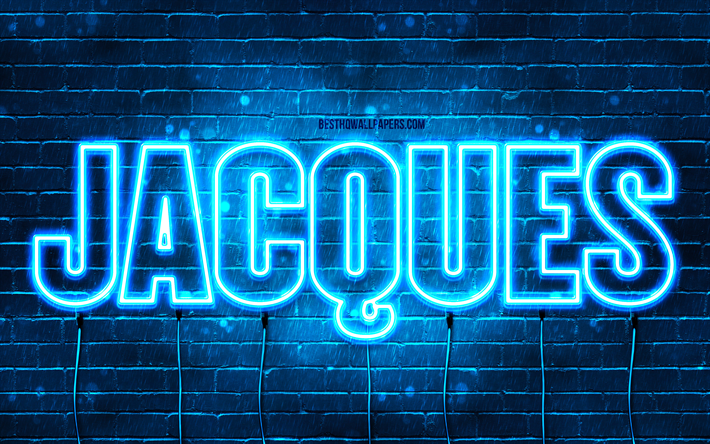 Happy Birthday Jacques, 4k, blue neon lights, Jacques name, creative, Jacques Happy Birthday, Jacques Birthday, popular french male names, picture with Jacques name, Jacques