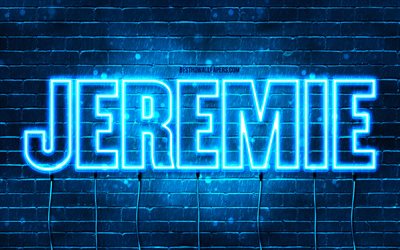 Happy Birthday Jeremie, 4k, blue neon lights, Jeremie name, creative, Jeremie Happy Birthday, Jeremie Birthday, popular french male names, picture with Jeremie name, Jeremie