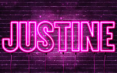 Happy Birthday Justine, 4k, pink neon lights, Justine name, creative, Justine Happy Birthday, JustineBirthday, popular french female names, picture with Justine name, Justine