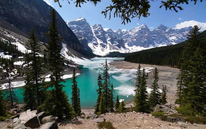 4k, Moraine Lake, mountain lake, glacial lake, Valley of the Ten Peaks, mountain landscape, Alberta, Banff National Park, Canada