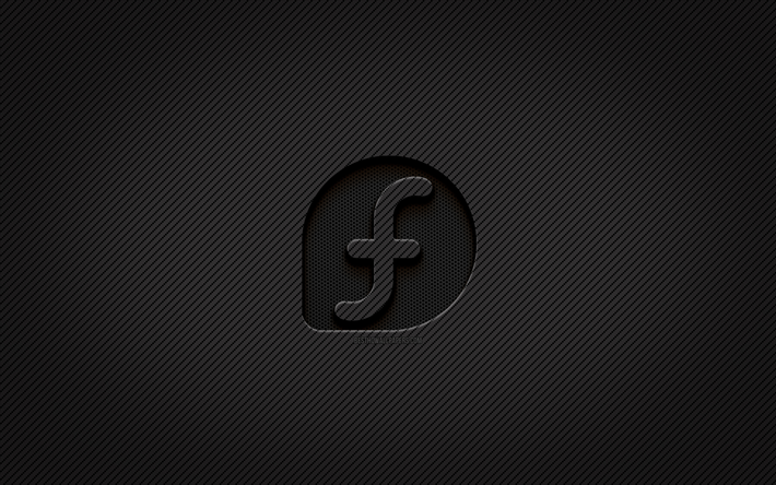 fedora carbon logotyp, 4k, grunge art, carbon bakgrund, kreativ, fedora svart logotyp, linux, fedora logotyp, fedora