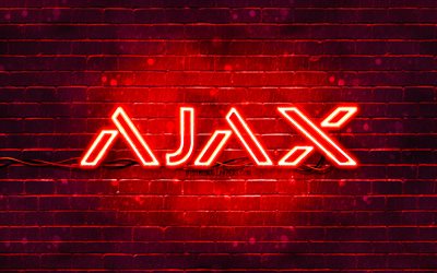 rotes logo von ajax systems, 4k, rote ziegelwand, logo von ajax systems, marken, rote abstrakte hintergr&#252;nde, neon-logo von ajax systems, ajax systems