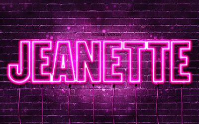 Happy Birthday Jeanette, 4k, pink neon lights, Jeanette name, creative, Jeanette Happy Birthday, Jeanette Birthday, popular french female names, picture with Jeanette name, Jeanette