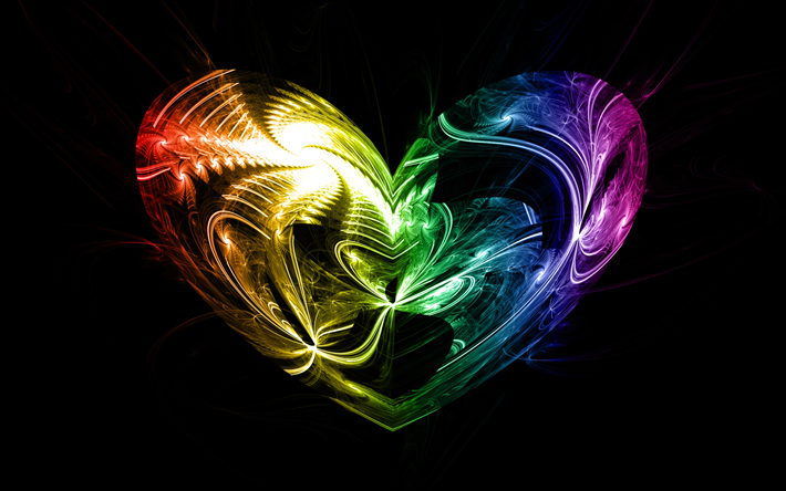colorful heart, 4k, minimalism, black backgrounds, abstract hearts, background with heart, love concepts