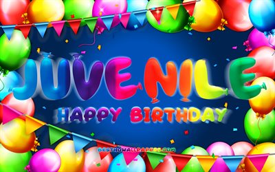 Happy Birthday Juvenile, 4k, colorful balloon frame, Juvenile name, blue background, Juvenile Happy Birthday, Juvenile Birthday, popular mexican male names, Birthday concept, Juvenile