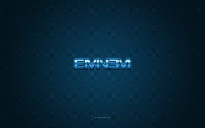 logotipo de eminem, logotipo azul brillante, emblema de metal de eminem, textura de fibra de carbono azul, eminem, marcas, arte creativo, emblema de eminem