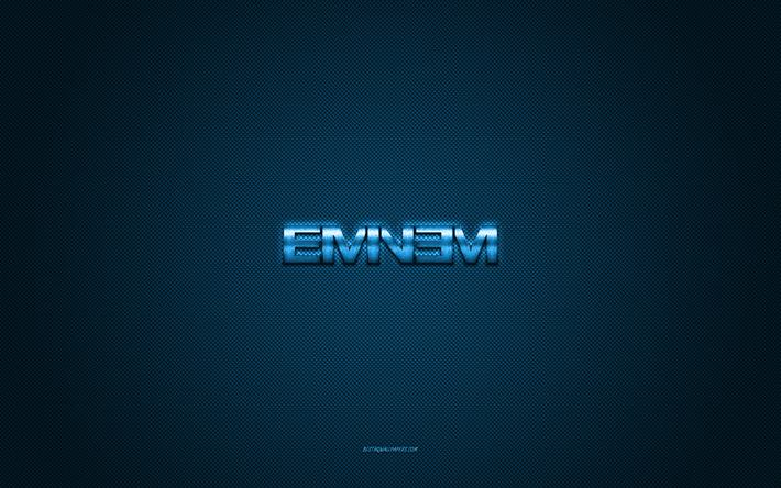 Eminem logo, blue shiny logo, Eminem metal emblem, blue carbon fiber texture, Eminem, brands, creative art, Eminem emblem