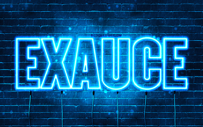 Happy Birthday Exauce, 4k, blue neon lights, Exauce name, creative, Exauce Happy Birthday, Exauce Birthday, popular french male names, picture with Exauce name, Exauce