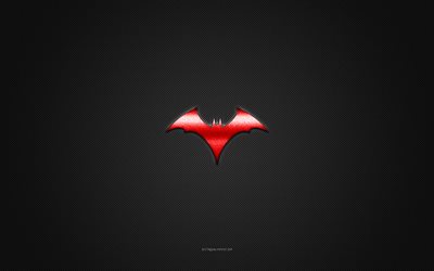 batwoman-logo, rotes gl&#228;nzendes logo, batwoman-metallemblem, graue kohlefaserstruktur, batwoman, marken, kreative kunst, batwoman-emblem