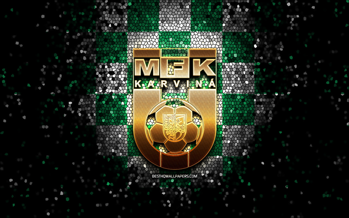 MFK Karvina, glitter logo, Czech First League, green white checkered background, soccer, Czech football club, Karvina logo, mosaic art, football, Karvina FC