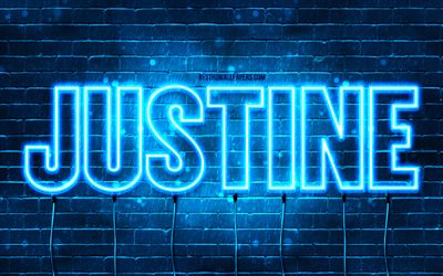 Happy Birthday Justine, 4k, blue neon lights, Justine name, creative, Justine Happy Birthday, Justine Birthday, popular french male names, picture with Justine name, Justine