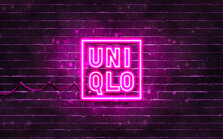 lila uniqlo-logo, 4k, lila brickwall, uniqlo-logo, marken, uniqlo-neon-logo, uniqlo