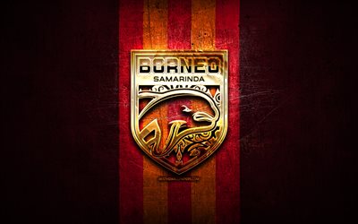 Borneo FC, golden logo, Indonesia Liga 1, red metal background, football, Icelandic football club, Borneo Samarindalogo, soccer, Borneo Samarinda