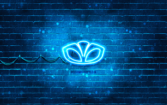 daewoo logotipo azul, 4k, azul brickwall, daewoo logotipo, marcas de carros, daewoo neon logotipo, daewoo