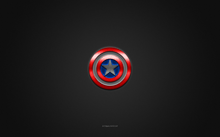 kapteeni amerikka -logo, punainen sininen kiilt&#228;v&#228; logo, captain america -metallitunnus, harmaa hiilikuiturakenne, kapteeni amerikka, tuotemerkit, luova taide, kapteeni amerikka -tunnus