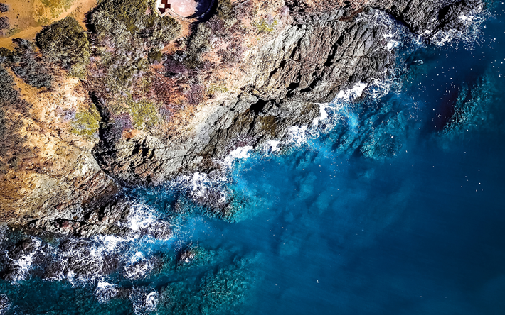 flygfoto, 4k, kust, bl&#229;tt vatten, stenig kust, sommar, klippor, hav, vacker natur, hdr, resekoncept
