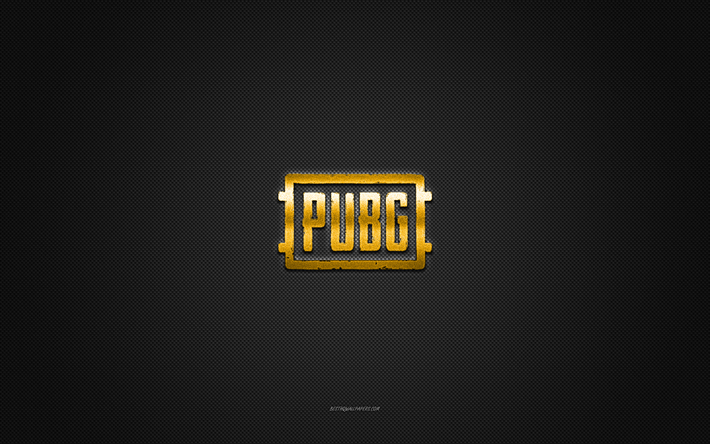 PUBG logo, PLAYERUNKNOWNS BATTLEGROUNDS, yellow shiny logo, PUBG metal emblem, gray carbon fiber texture, PUBG, brands, creative art, PUBG emblem