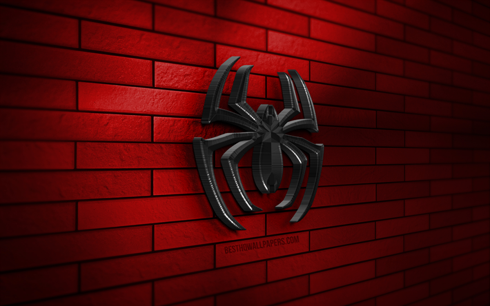 Spider-Man 3D logo, 4K, red brickwall, creative, superheroes, Spider-Man logo, Peter Parker, 3D art, Spider-Man
