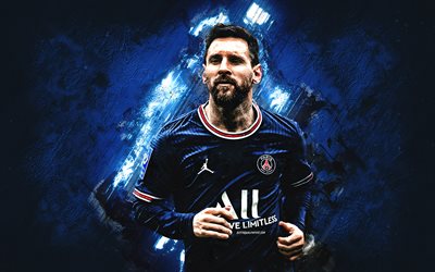 Lionel Messi, PSG, football star, Leo Messi portrait, Paris Saint-Germain, Ligue 1, football, blue stone background