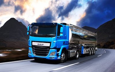 DAF CF, 2016, Euro-6, new trucks, tanker, transportation of petrol, blue daf, road, shipping, DAF