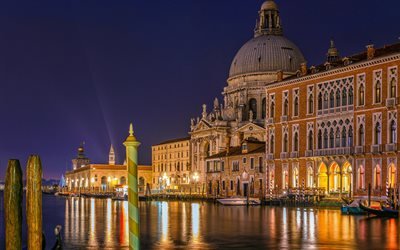 Veneza, Santa Maria della Salute, basilica, noite, barcos, It&#225;lia