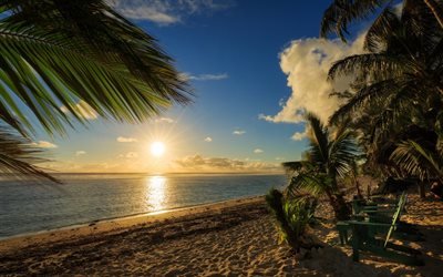 Praia, p&#244;r do sol, oceano, palmeiras, Ilhas Cook, Rarotonga, Do Oceano Pac&#237;fico