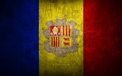 Andorran metallflagga, grungekonst, Europeiska l&#228;nder, Andorras dag, nationella symboler, Andorra flagga, metallflaggor, Andorras flagga, Europa, Andorran flagga, Andorra