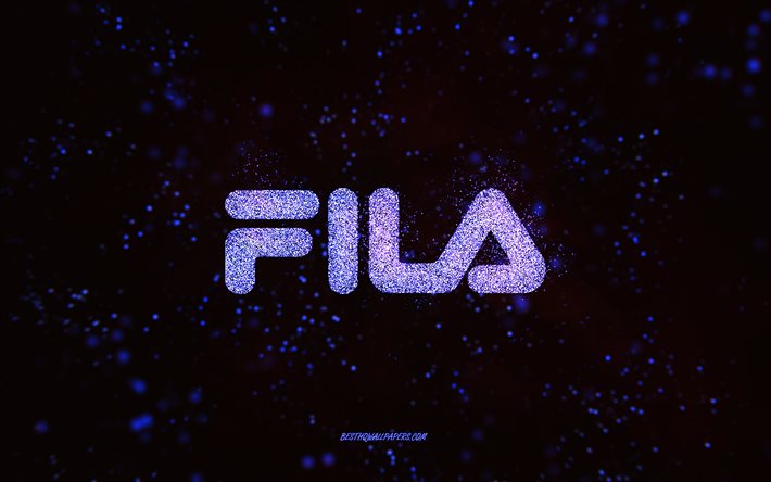 Fila glitter logo, 4k, musta tausta, Fila logo, violetti glitter taide, Fila, luova taide, Fila violetti glitter logo