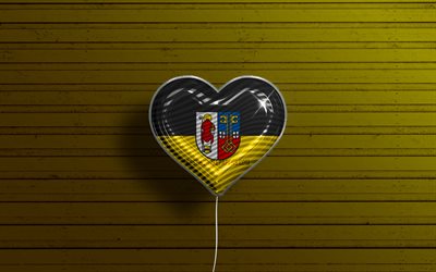 アイ ラブ クレフェルト, 4k, リアルな風船, 黄色の木製の背景, ドイツの都市, クレフェルトの旗, ドイツ, フラグ付きバルーン, クレーフェルト旗, クレーフェルトCity in Germany, クレーフェルトの日