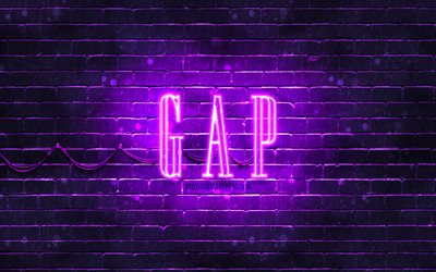 GAP violet logo, 4k, violet brickwall, GAP logo, fashion brands, GAP neon logo, GAP