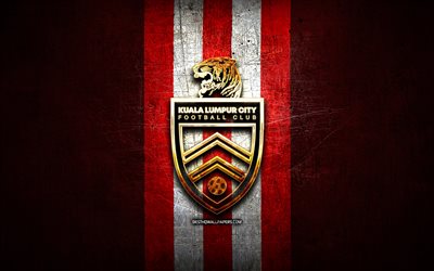 Kuala Lumpur City FC, logotipo dourado, Super Liga da Mal&#225;sia, fundo de metal vermelho, futebol, clube de futebol malaio, logotipo do Kuala Lumpur City FC