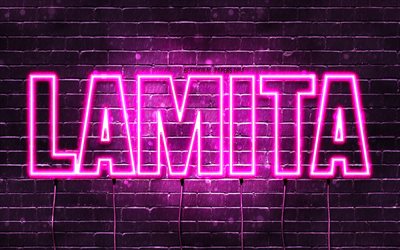 Lamita, 4k, isimleri, bayan isimleri, Lamita ismi, mor neon ışıkları, Doğum g&#252;n&#252;n kutlu olsun Lamita, pop&#252;ler arap&#231;a bayan isimleri, Lamita adıyla resimli duvar kağıtları