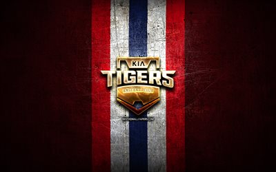 KIA Tigers, logotipo dourado, KBO, fundo de metal vermelho, time de beisebol da Coreia do Sul, logotipo KIA Tigers, beisebol, Coreia do Sul