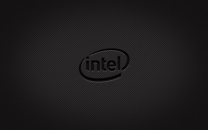 Intel carbon-logotyp, 4k, grungekonst, carbon-bakgrund, kreativ, Intel-svartlogotyp, Intel-logo, Intel