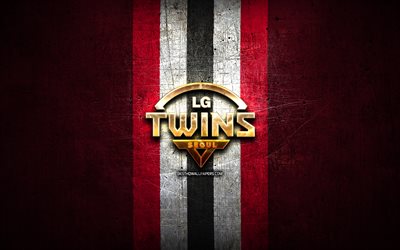 LG Twins, logotipo dourado, KBO, fundo de metal vermelho, time de beisebol da Coreia do Sul, logotipo LG Twins, beisebol, Coreia do Sul