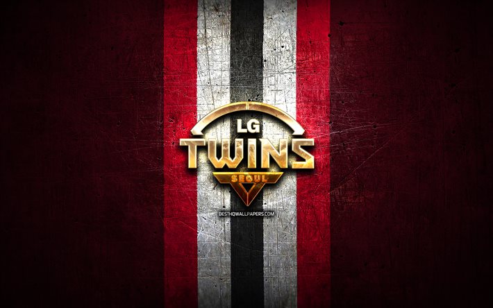 LG Twins, logo dorato, KBO, sfondo rosso in metallo, squadra di baseball sudcoreana, logo LG Twins, baseball, Corea del Sud