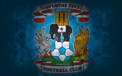 Coventry City FC, &#233;quipe de football anglaise, fond bleu, logo Coventry City FC, art grunge, championnat EFL, Coventry, football, Angleterre, embl&#232;me de Coventry City FC