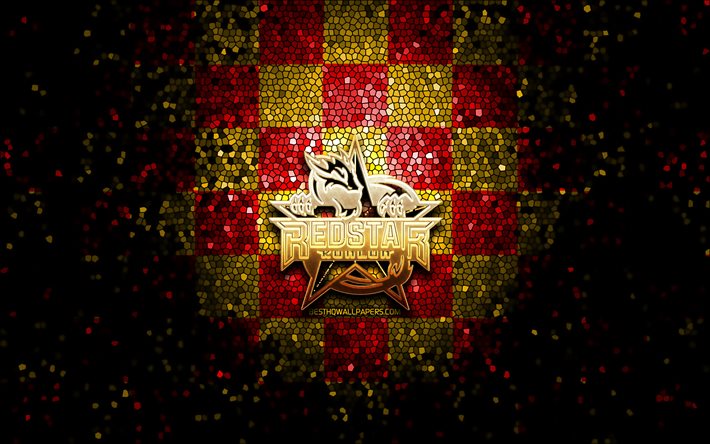 Kunlun Red Star, logo paillet&#233;, KHL, fond quadrill&#233; jaune rouge, hockey, Ligue de hockey continentale, logo Kunlun Red Star, art de la mosa&#239;que, &#233;quipe de hockey chinoise