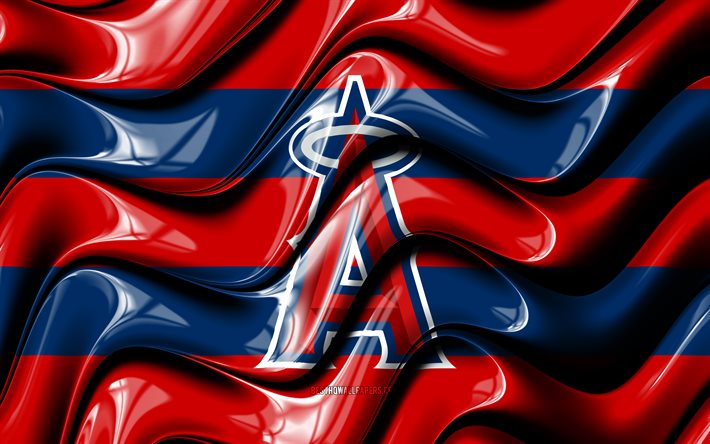 Los Angeles Angels -lippu, 4k, siniset ja punaiset 3D-aallot, MLB, amerikkalainen baseball-joukkue, Los Angeles Angels -logo, baseball, Los Angeles Angels, LA Angels