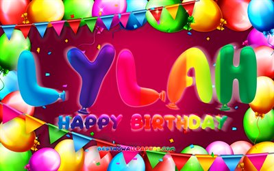 お誕生日おめでとうリラ, 4k, カラフルなバルーンフレーム, リラの名前, 紫の背景, リラお誕生日おめでとう, リラの誕生日, 人気のアメリカ人女性の名前, 誕生日のコンセプト, リラ